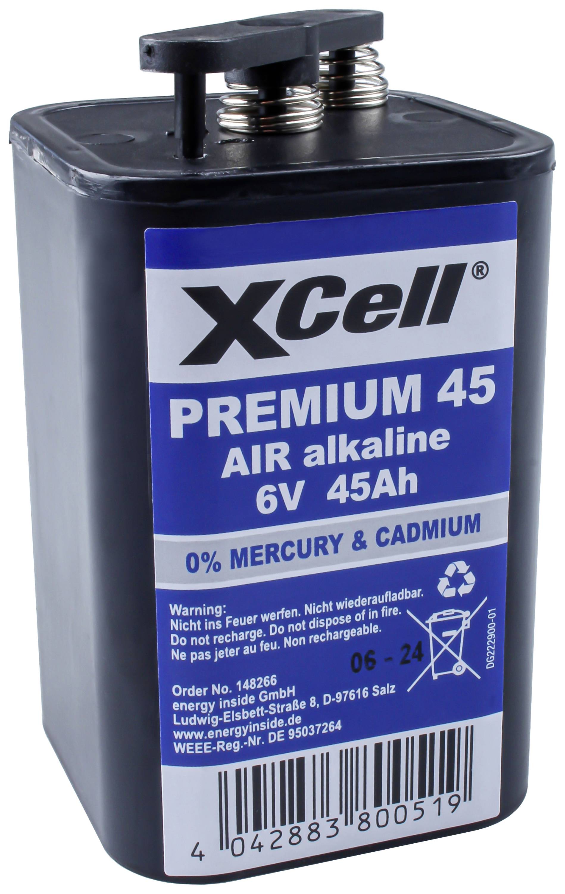 Batéria 'XCell PREMIUM 45 AIR alkalická 6V 45Ah' s modrým štítkom, obsahuje výstražné upozornenia, čiarový kód a informácie o výrobcovi.