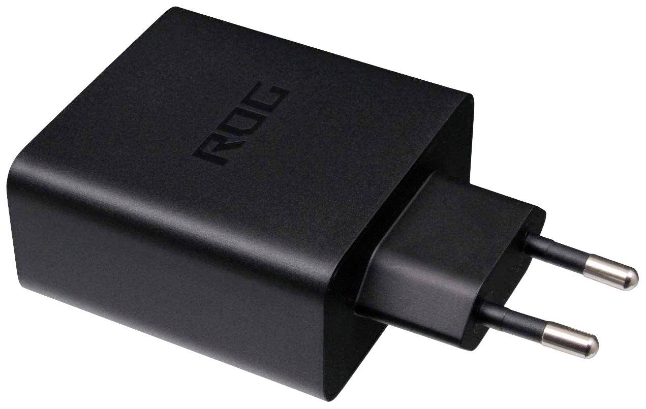 Čierna nabíjačka s europlugom, s označením "ROG" na hornej strane. Navrhnutá pre elektronické zariadenia.