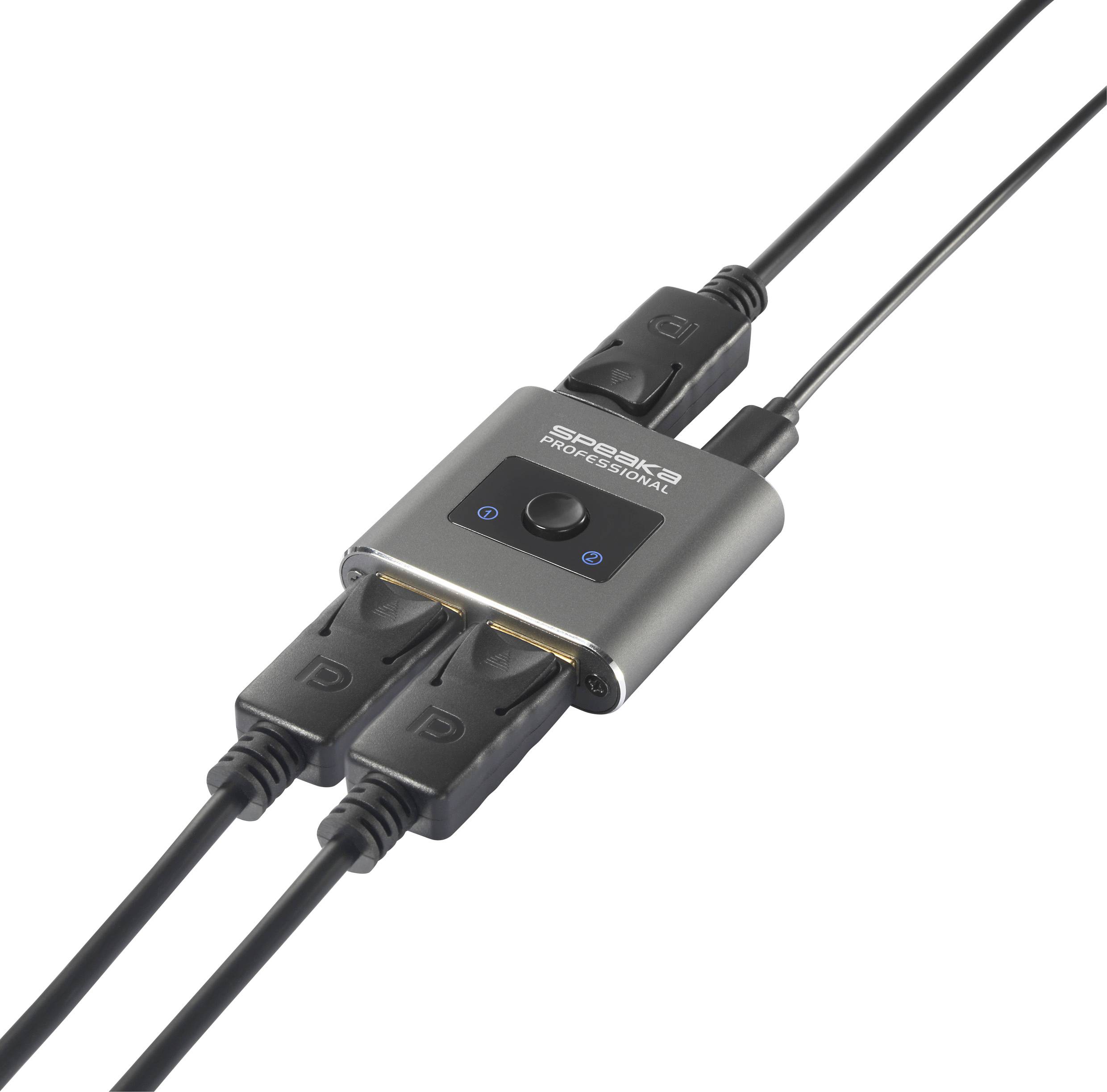 Sivý prepínač s dvoma zapojenými káblami na pripojenie dvoch zariadení DisplayPort. Nápis: "Prepínač DisplayPort".