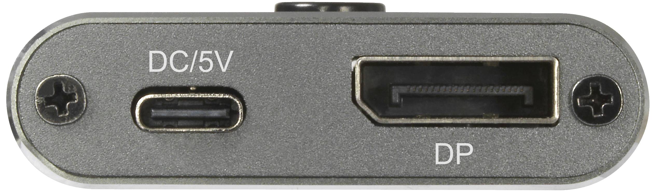 Zadná strana zariadenia so vstupmi: vľavo USB-C vstup označený "DC/5V", vpravo DisplayPort vstup označený "DP".