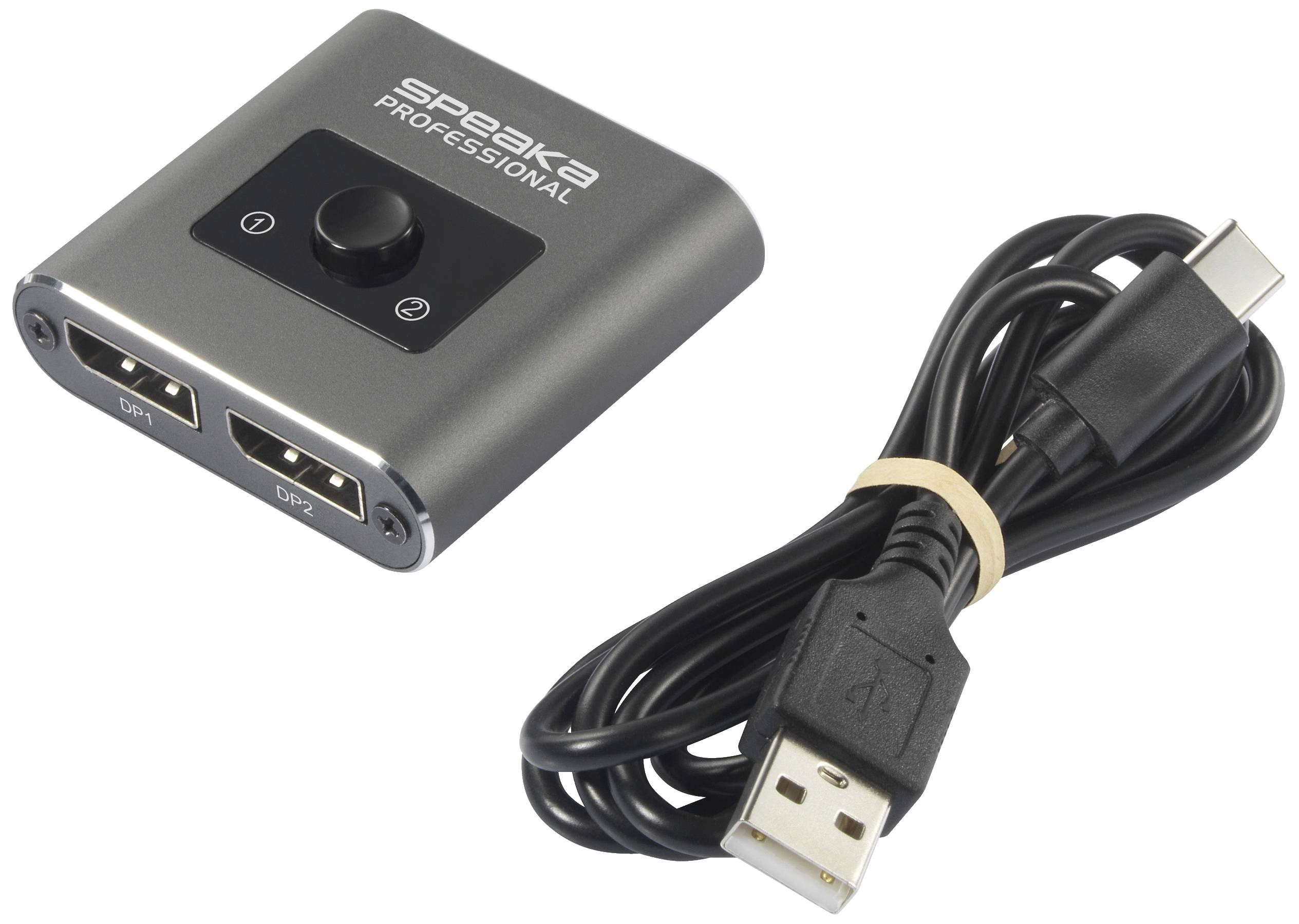 Kompaktný HDMI-splitter s USB napájacím káblom. Dva HDMI výstupy pre prehrávanie na viacerých obrazovkách. Označenie: 'speak PROFESSIONAL'.