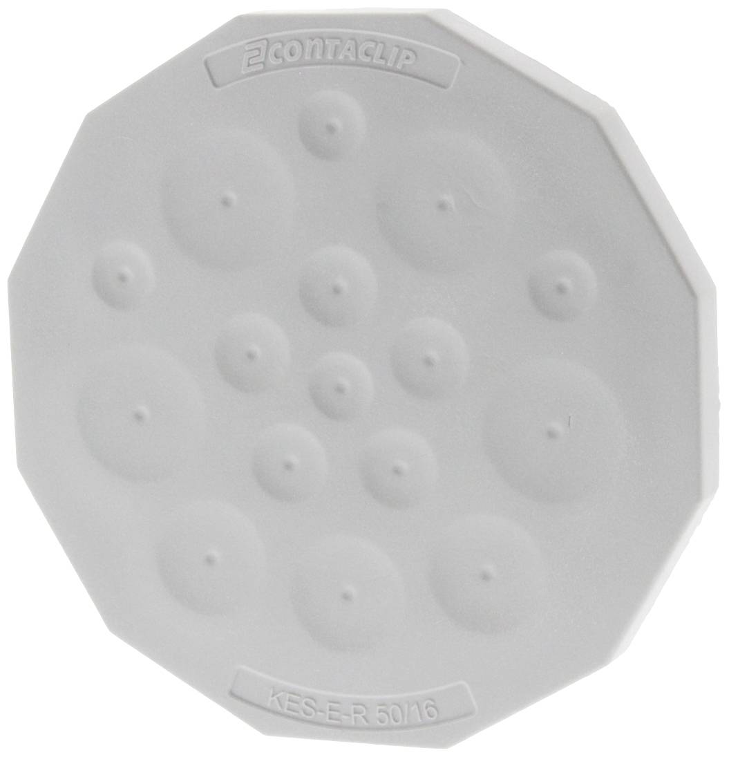 Šedý, guľatý plastový diel so zvýšenými kruhmi a nápisom 'CONTA-CLIP KES-E-R 50/16'.