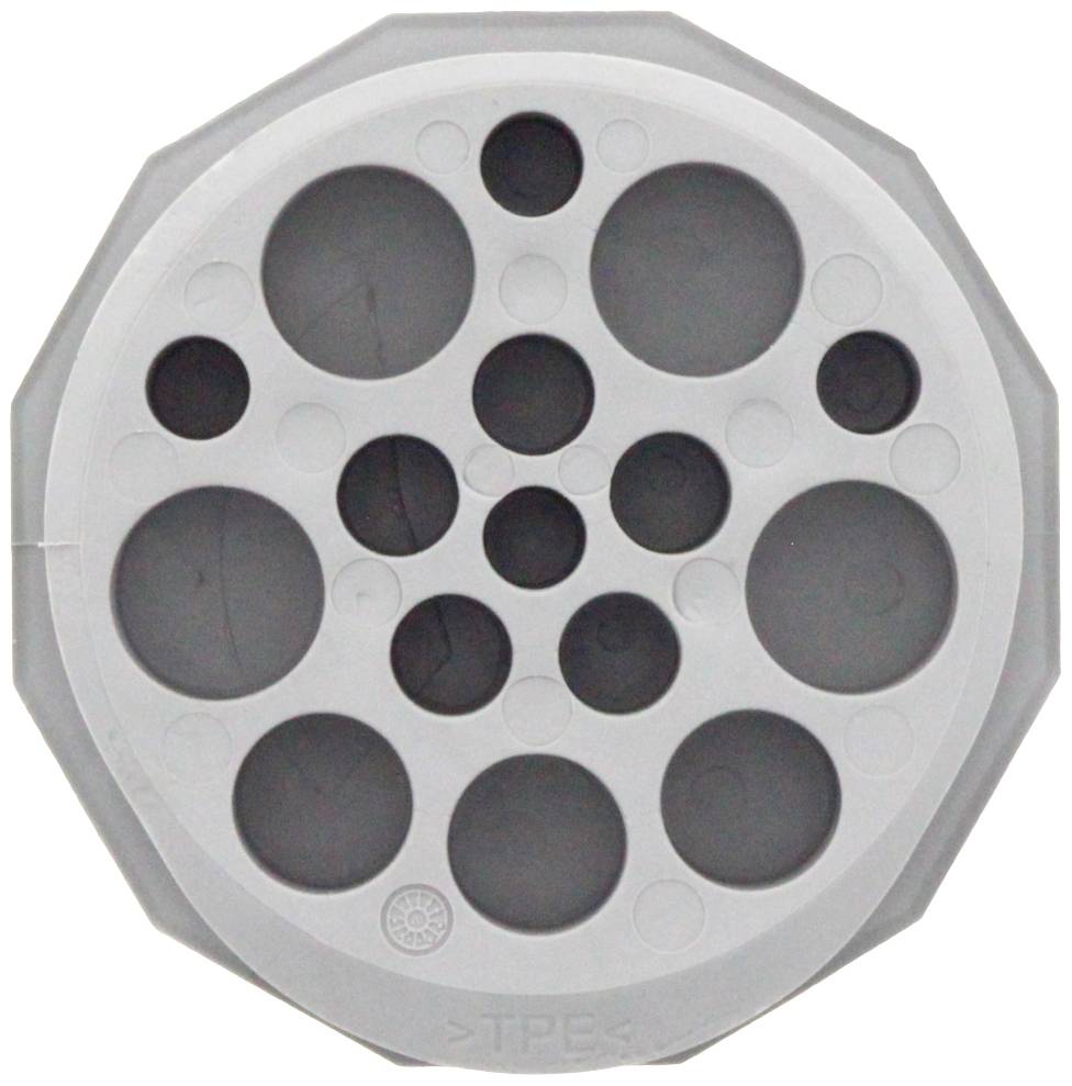 Guľatý sivý plastový disk s viacerými otvormi rôznych veľkostí usporiadanými v sústredných kruhoch, pravdepodobne kryt alebo filter.