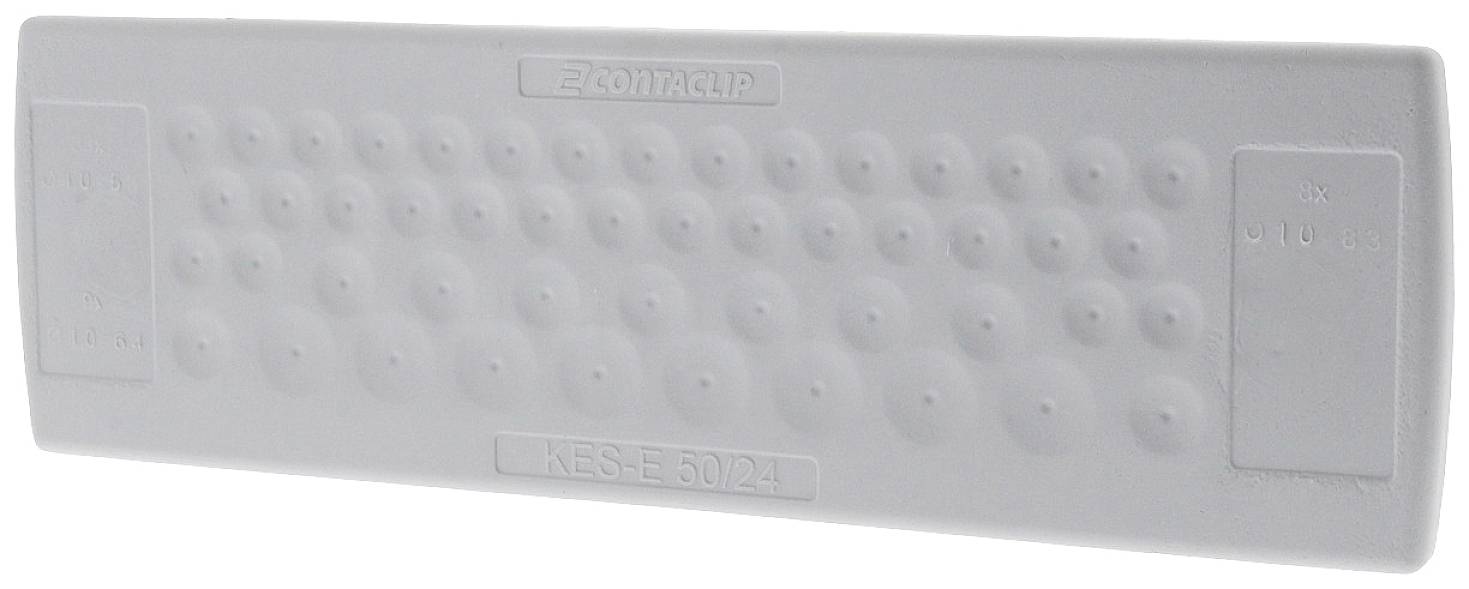 Šedá káblová priechodková doska s viacerými vysekávanými otvormi, vyrobená spoločnosťou 'Kontaclip', model 'KES-E 50/24'.