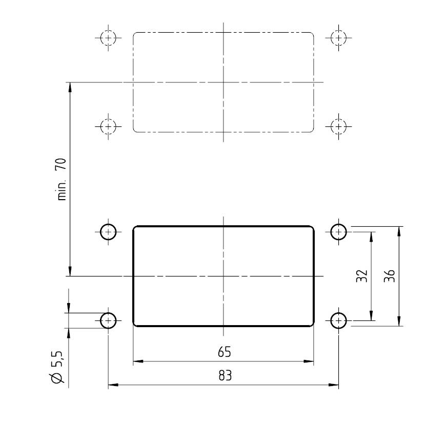 Technický výkres obdĺžnikového komponentu s rozmermi 83 mm šírky, 65 mm dĺžky a priemerom otvoru 5,5 mm.