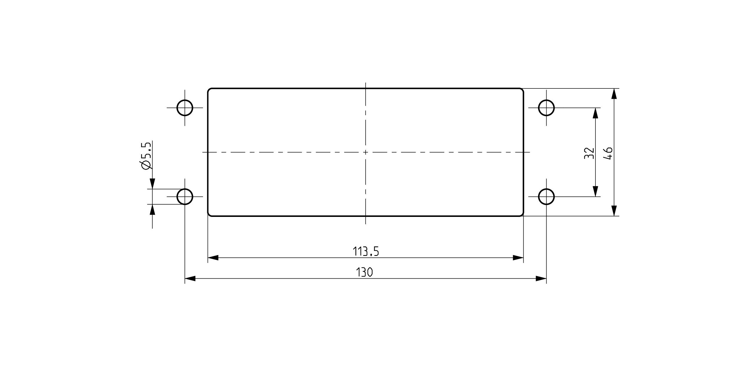 Technický výkres obdĺžnikového dielu s otvormi v rohoch. Celková šírka 130 mm, výška 32 mm, otvory Ø5,5 mm.
