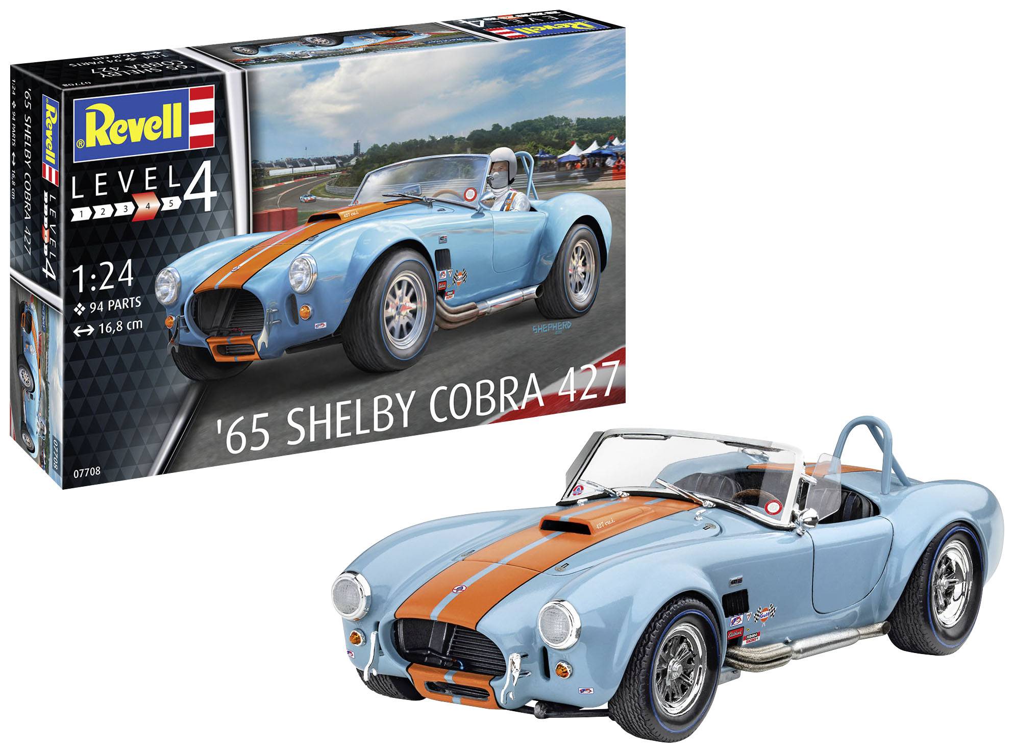 Model auta '65 Shelby Cobra 427' od Revell, mierka 1:24. Zobrazuje modrú Cobru s oranžovými pruhmi, 94 dielov.