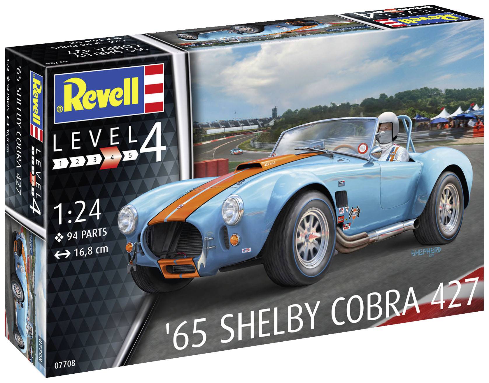 Model auta '65 Shelby Cobra 427' od Revell, mierka 1:24, úroveň 4, obsahuje 94 dielov. Na obale je zobrazený modrý športový automobil.