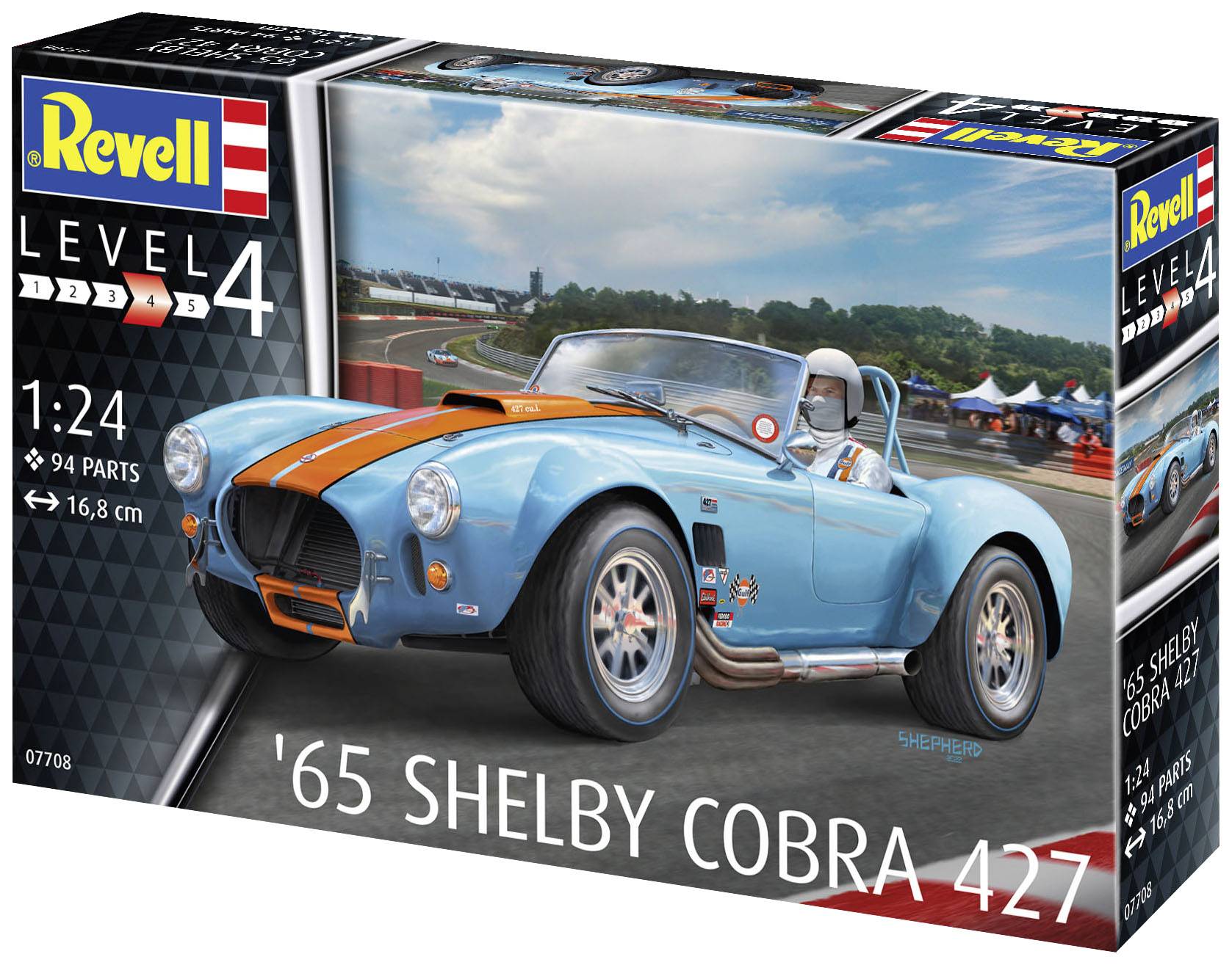 Model auta značky Revell zobrazuje modrý '65 Shelby Cobra 427. Sada je v mierke 1:24 a obsahuje 94 dielov.