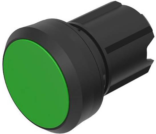 Zelený plastový tlačidlový spínač pohľadom z boku. Vhodný pre stroje alebo elektronické zariadenia ako štartovací alebo potvrdzovací spínač.