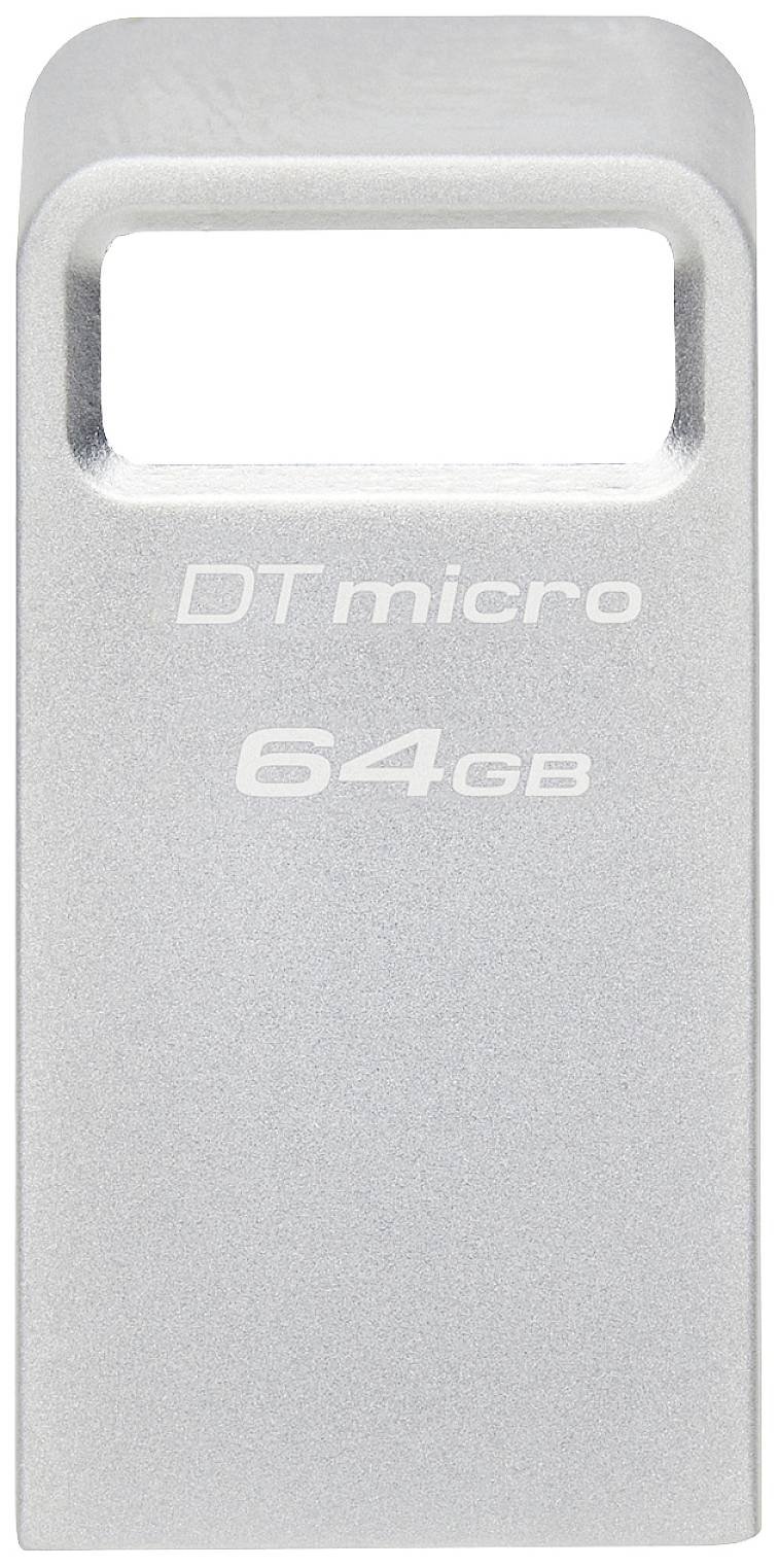 USB kľúč v striebornej farbe s nápisom 'DT micro 64GB', stojí vertikálne.