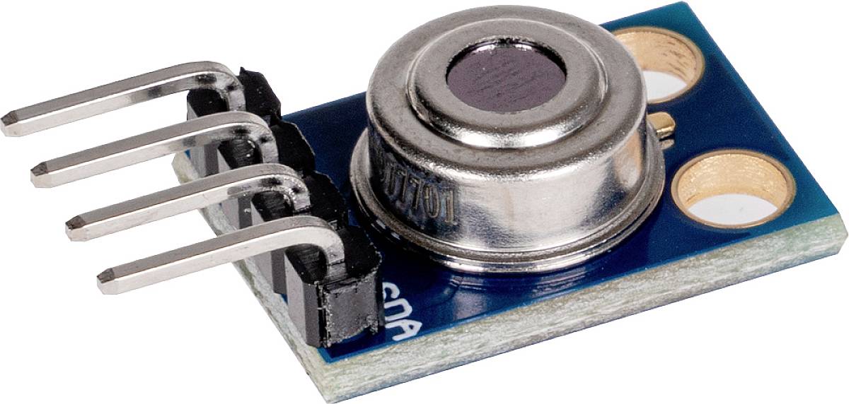 Elektronický senzor na doske plošných spojov so štyrmi kovovými pinmi na pripojenie, vhodný pre meranie teploty alebo plynu.