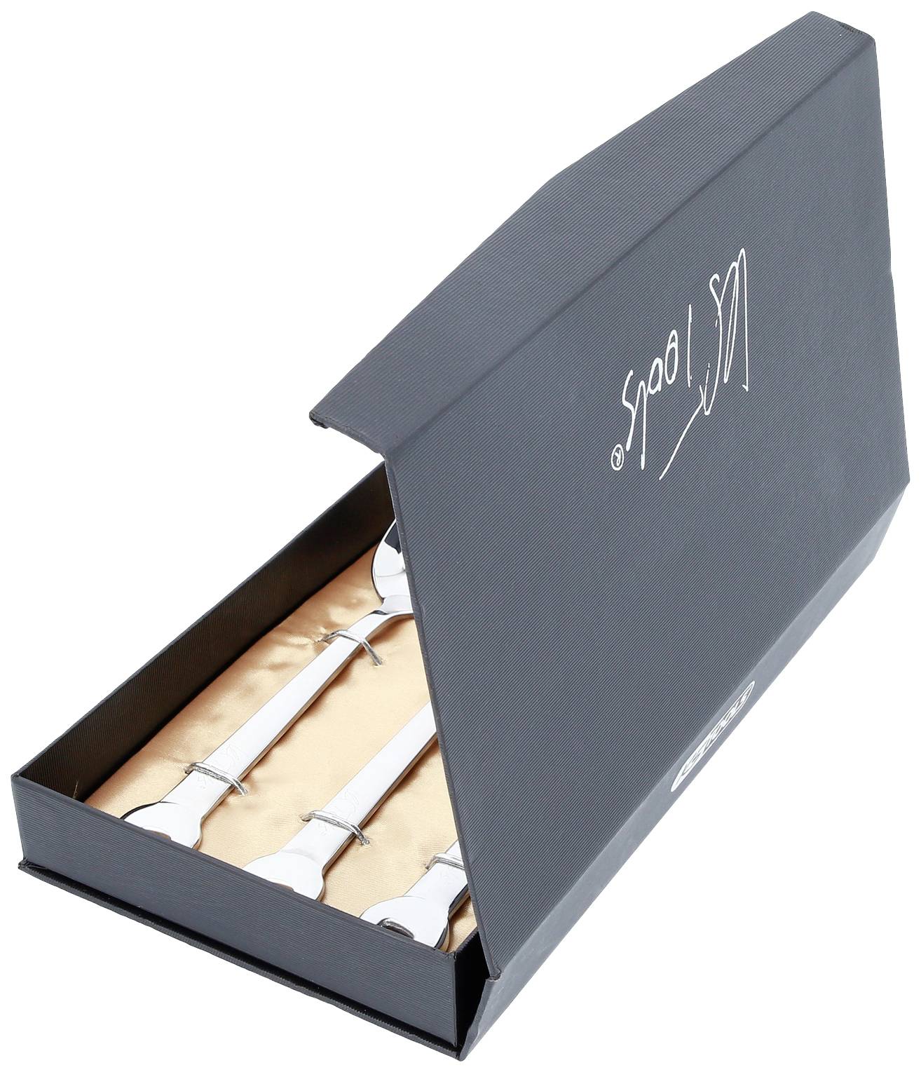 Otvorená čierna škatuľa s tromi striebornými kľúčmi na zlatej látke. Na škatuli je nápis 'KS Tools'.