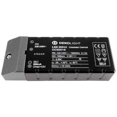 Čierny LED driver 'DEKOLiGHT CGC50018', vstup 220-240V, výstup 500mA, pre 1-10 LED, konštantný zdroj prúdu, IP20, teplotný rozsah -20 až +50 °C.