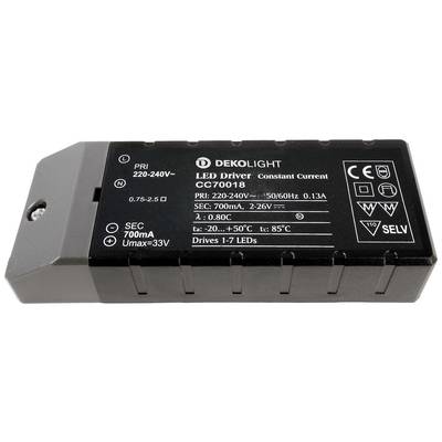 LED-ovač DEKOLIGHT CC70018 s údajmi o prúde, napätí a teplotnom rozsahu; vhodný pre 1-7 LED diód.