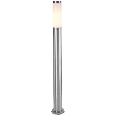 Strieborná, valcovitá vonkajšia lampa s difúznym, bielo svietiacim tienidlom na vrchu, vhodná pre osvetlenie chodníkov.