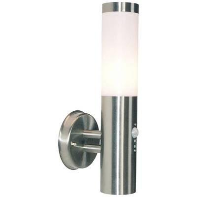 Moderná nerezová nástenná lampa s valcovitým mliečnym sklom, ktorá svieti bielo. Ideálna do exteriérov.