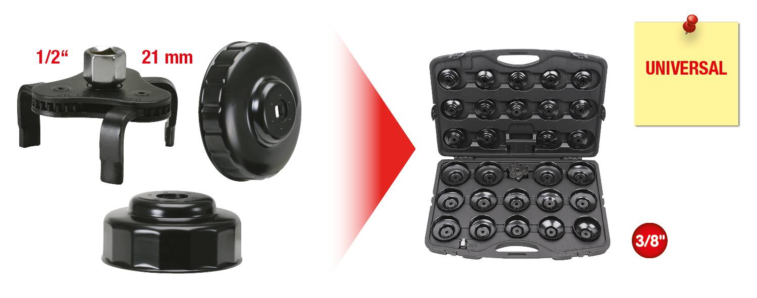 Sada adaptérových nástrojov v kufríku. Obsahuje rôzne veľkosti, označené 1/2", 21 mm a 3/8". Univerzálny štítok na žltom papieri.