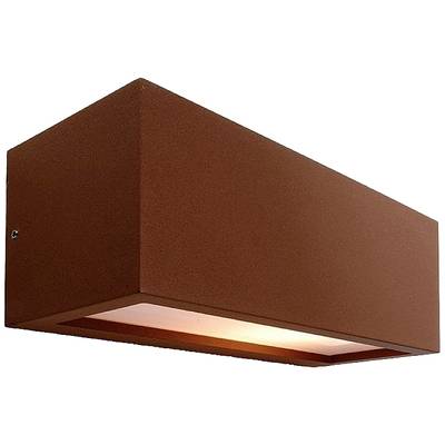 Hnedá, obdĺžniková nástenná lampa so svetlom smerujúcim nadol. Moderný dizajn do interiéru.