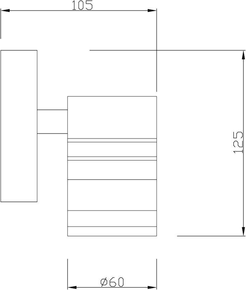 Technický výkres valcovej komponenty s rozmermi: výška 125 mm, priemer 60 mm, bočné predĺženie 105 mm.