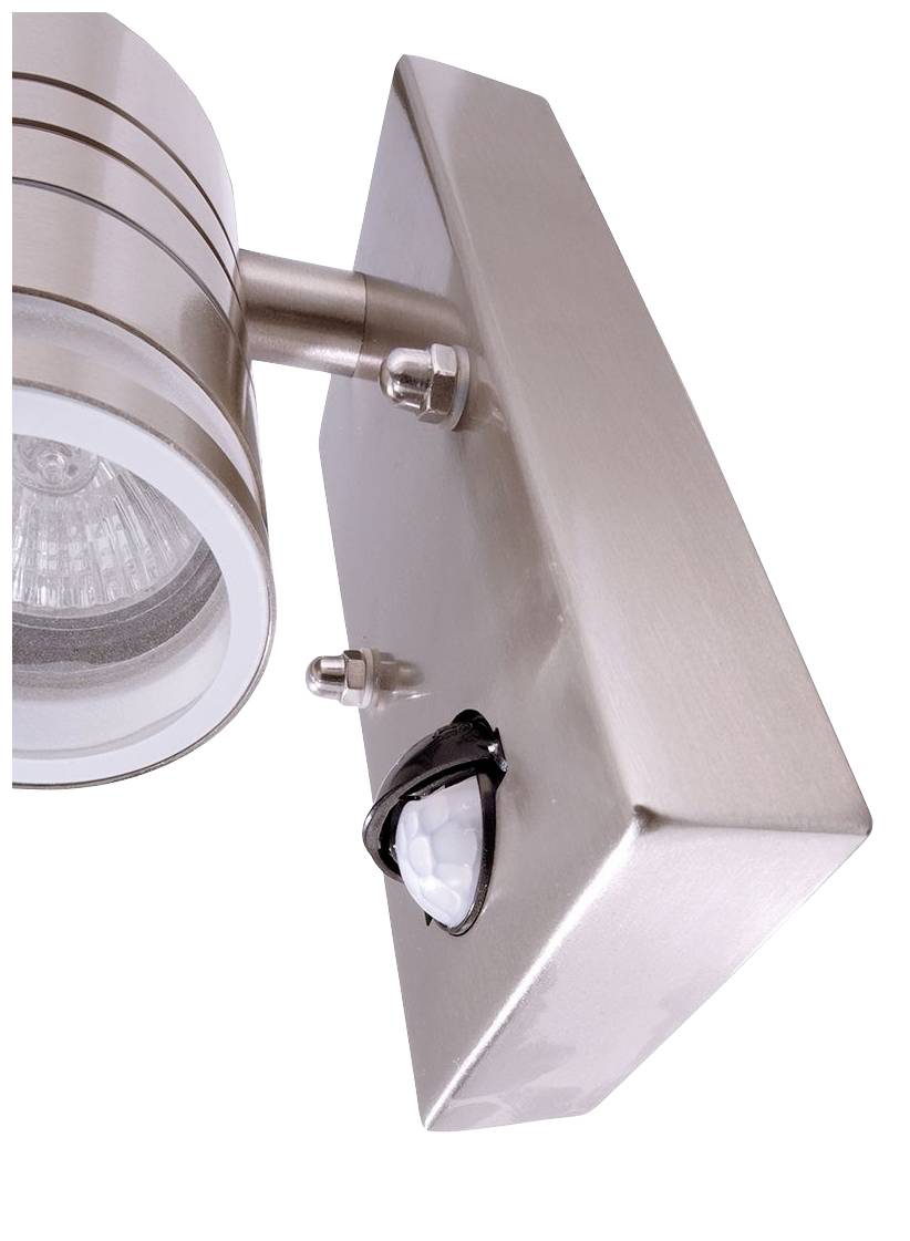 Vonkajšie svetlo s pohybovým senzorom, obdĺžnikový podstavec, valcovitý tvar lampy, kovový povrch.
