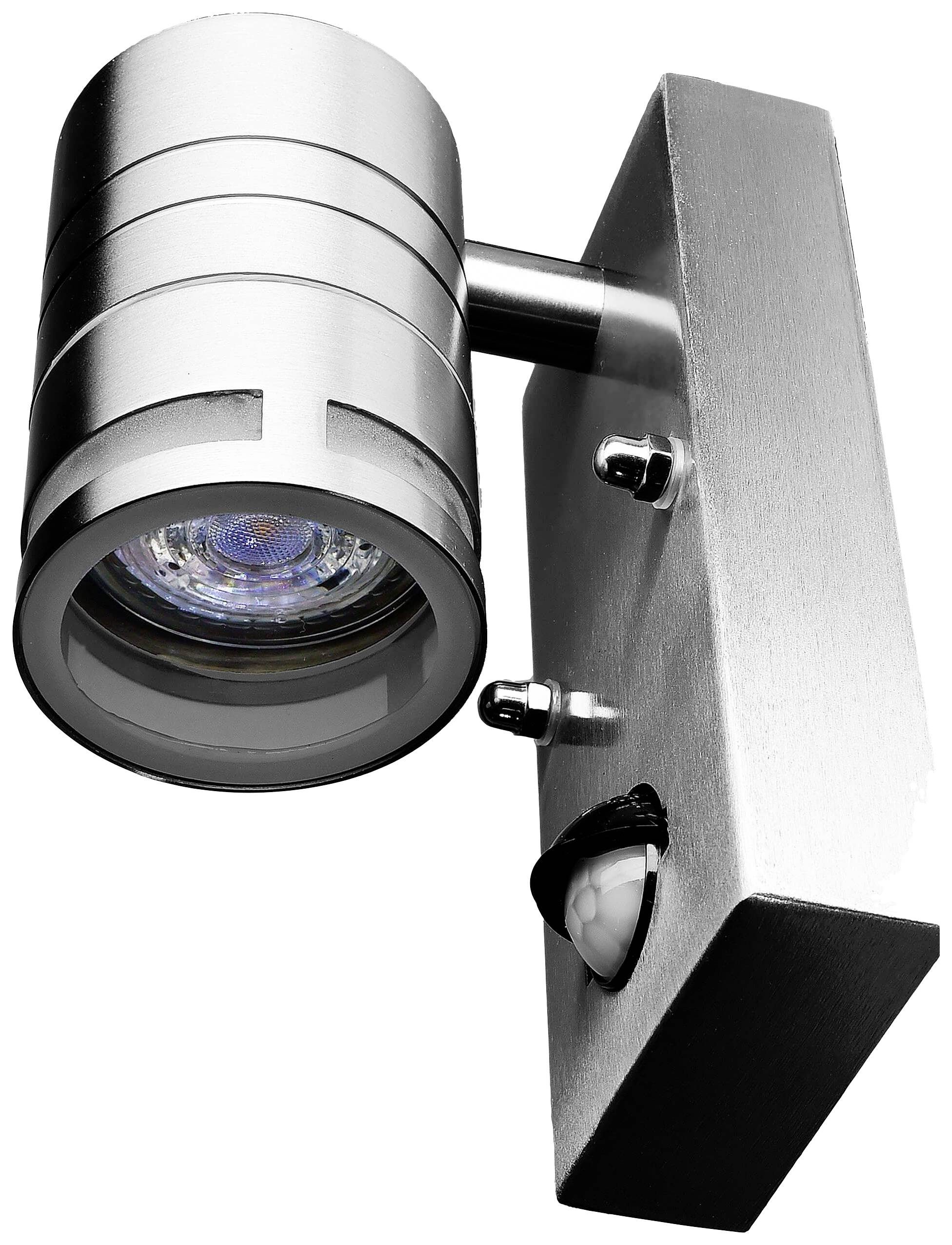 Moderná kovová nástenná lampa s valcovitým svetelným telesom a obdĺžnikovou základňou. Vhodná do interiéru.
