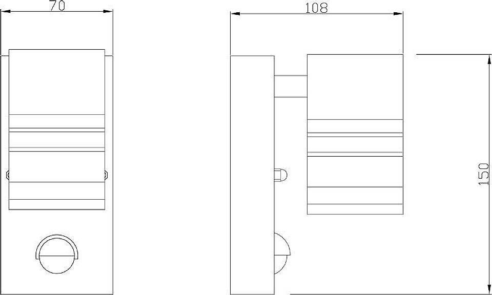 Technický výkres obdĺžnikového objektu s rozmermi: šírka 70 mm, hĺbka 108 mm, výška 150 mm. Pohľad z boku a pohľad zhora.