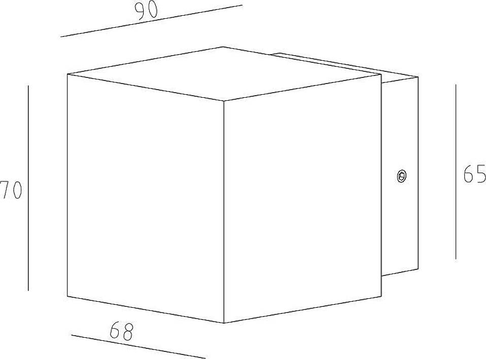 Nákres kubickej nástennej lampy s rozmermi: výška 90 mm, šírka 70 mm, hĺbka 68 mm, výška upevnenia na stenu 65 mm.