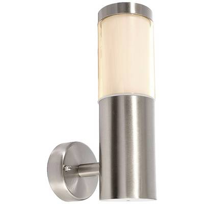 Moderná nástenná lampa s valcovitým kovovým podstavcom a priesvitným skleneným telesom. Ideálna pre vonkajšie osvetlenie.