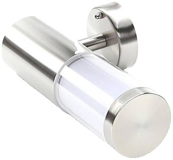 Strieborné vonkajšie svietidlo s valcovým puzdrom a priehľadným difúzorom.