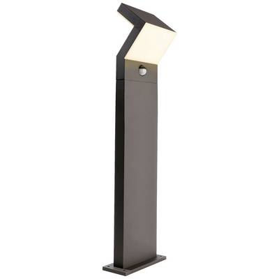 Moderná vonkajšia lampa s tmavohnedým, štvorcovým podstavcom a šikmou, svietiacou hlavou. Vhodná pre záhradné chodníky.