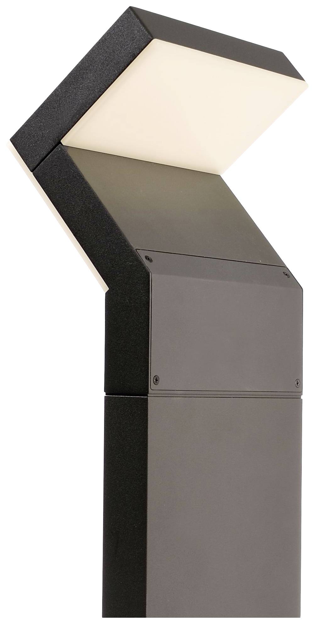 Čierna uhlová vonkajšia lampa so svietiacou obdĺžnikovou hlavou. Moderný dizajn pre záhradné alebo chodníkové osvetlenie.