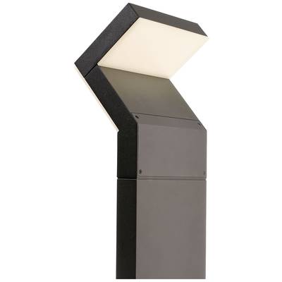 Čierna uhlová vonkajšia lampa so svietiacou obdĺžnikovou hlavou. Moderný dizajn pre záhradné alebo chodníkové osvetlenie.