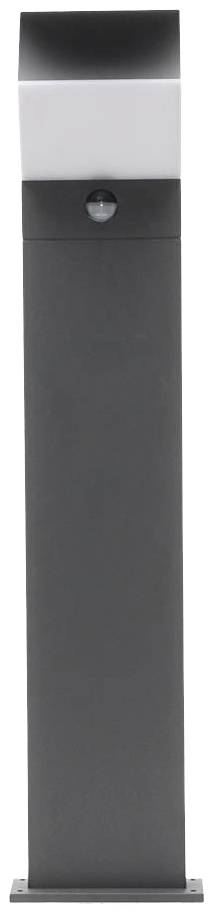 Moderná, obdĺžniková stojanová lampa v čierno-bielom prevedení s pohybovým senzorom, vhodná na použitie vo vonkajších priestoroch.