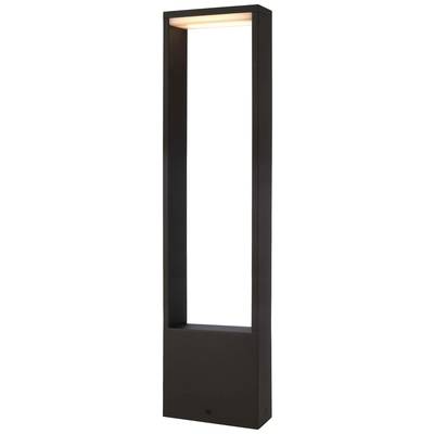 Voľne stojaca, obdĺžniková, moderná vonkajšia lampa s čiernym rámom. Svetlo jemne žiari vo vnútri rámu.