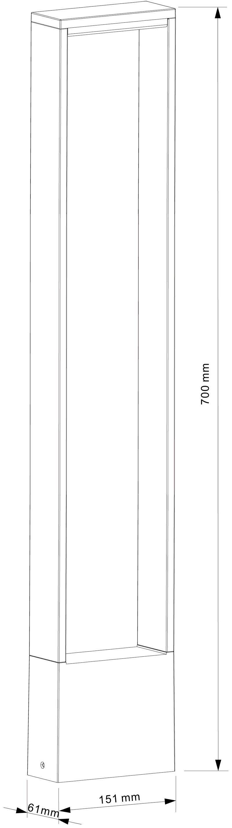 Technický výkres obdĺžnikovej stojacej lampy, 700 mm vysokej, so základňou širokou 151 mm a hlbokou 61 mm, zobrazuje rozmery.