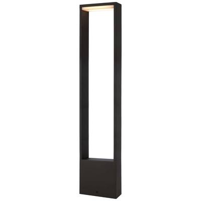 Čierna, obdĺžniková stojanová lampa s integrovaným svetelným pruhom, ktorý vytvára teplý, žltavý odlesk.