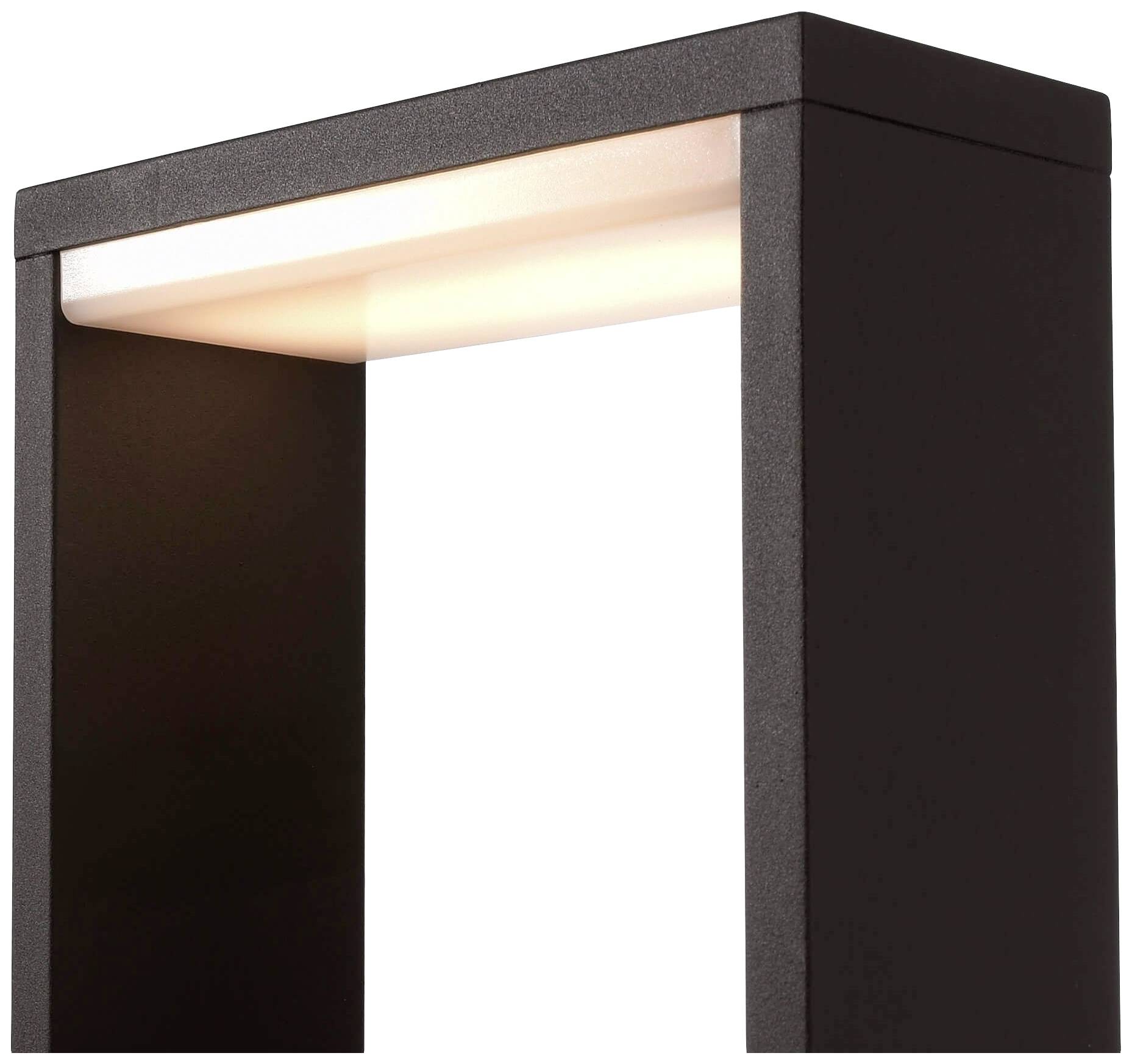 Čierna, obdĺžniková lampa s integrovaným LED svetlom v teplom bielom odtieni v minimalisticko-modernom dizajne.