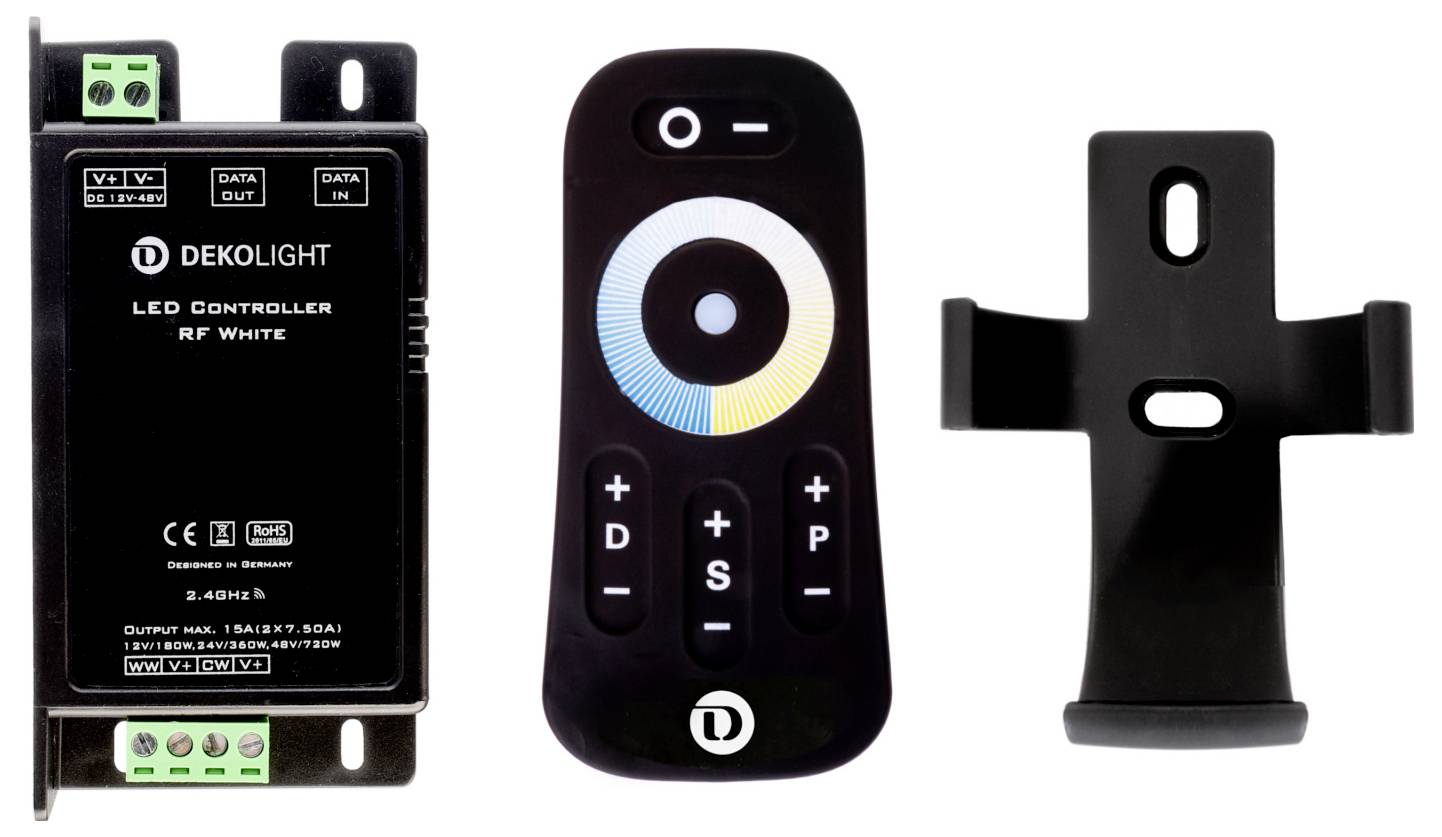 LED kontrolér so súpravou diaľkového ovládania a držiakom. Kontrolér má vstupné a výstupné porty. Diaľkové ovládanie disponuje farebným kolesom a tlačidlami na nastavenie jasu.