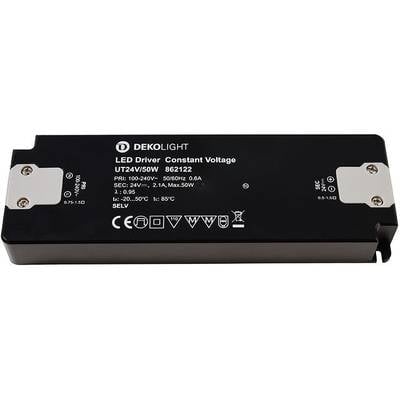 LED driver značky Dekolight, model UT24V/50W, s konštantným výstupným prúdom, vstup 100-240V, výstup 24V, max. 50W.