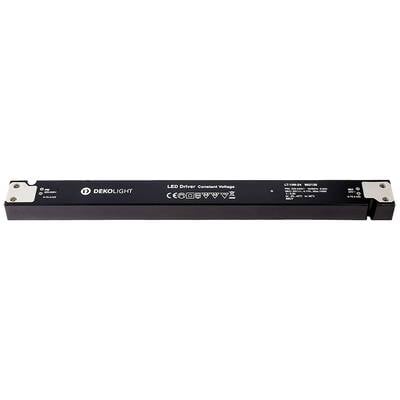 Čierny LED ovládač so značkami CE a RoHS. Nápis znie: 'LED Driver Constant Voltage'. Obdĺžnikový, štíhly dizajn.