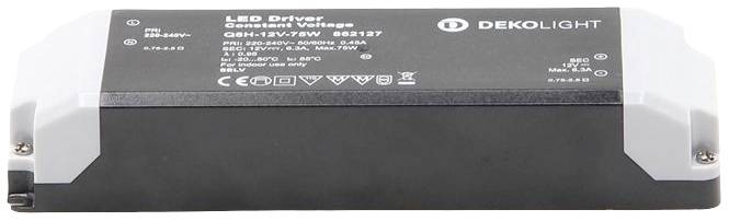 LED driver od DEKOLIGHT, model 929127, konštantný napäťový rozsah 12V-75W, vstupný výkon 220-240V.