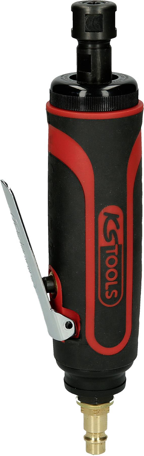 Pneumatická priamočiara brúska s červeným a čiernym krytom, striebornou pákou a otočnou hlavou, postavená kolmo.
