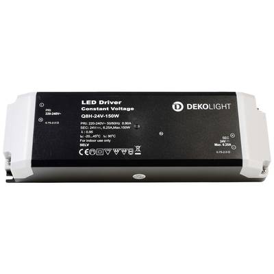 LED driver od Dekolight, model Q8H-24V-150W, do interiérov. Vstup: 220-240V, 50/60Hz, 0,9A. Výstup: 24V, max. 6,25A, 150W.