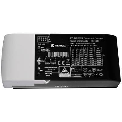 LED driver s variabilným prúdom. Stmievateľný cez DALI, model IE-12D. Vstupné parametre: 220-240V, 50/60Hz. Testované TÜV, IP20.