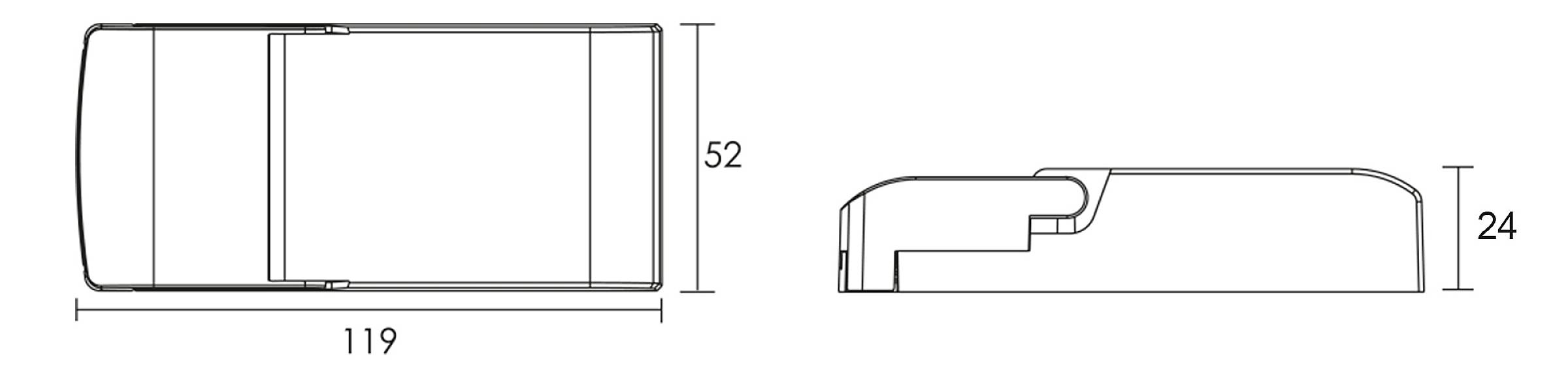 Technický výkres obdĺžnikového puzdra, pohľad zhora a z boku. Rozmery: 119 mm dĺžka, 52 mm šírka, 24 mm výška.