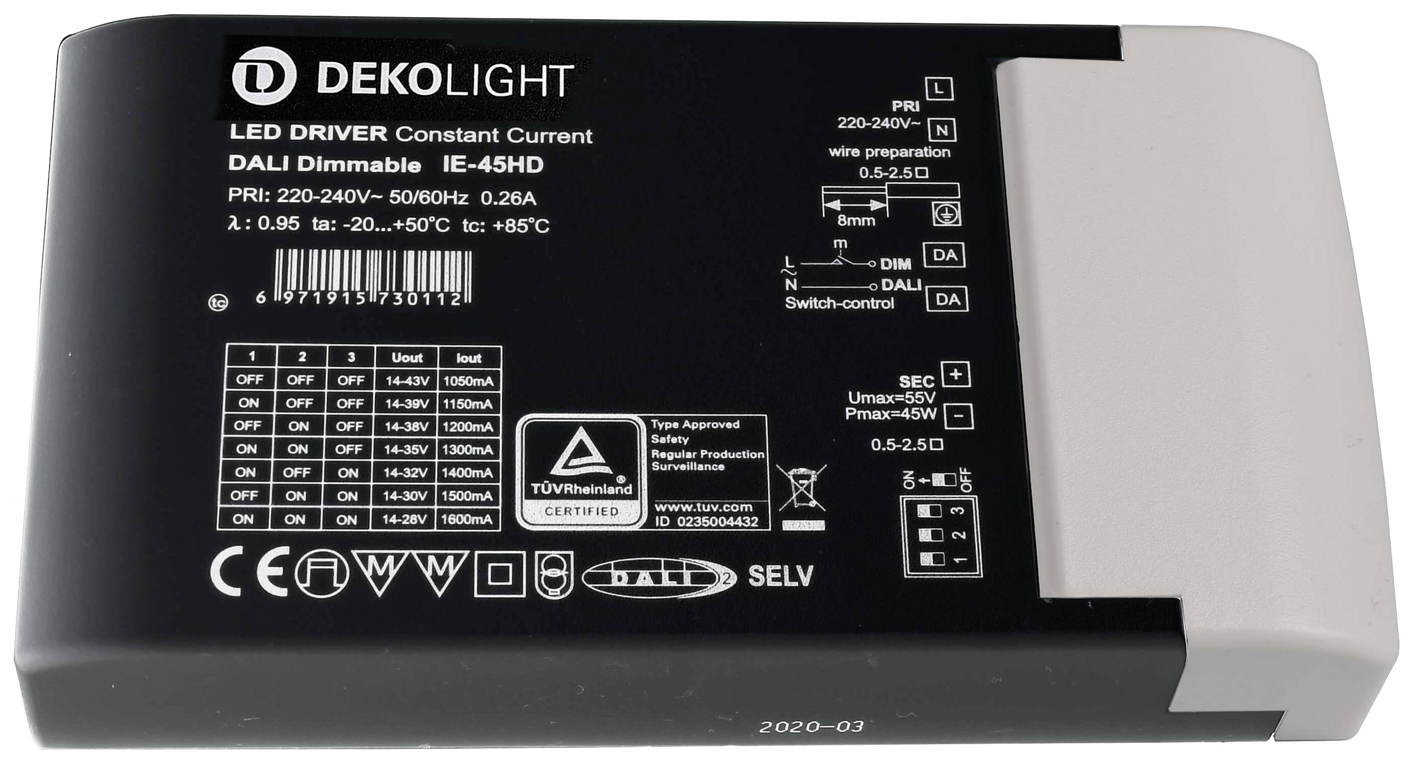 LED driver od spoločnosti DEKOLIGHT, model IE-45HD, vstup 220–240V, 0,26A, stmievateľný cez DALI, určený pre konštantné napájanie LED svietidiel.