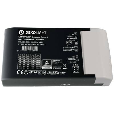 LED driver od spoločnosti DEKOLIGHT, model IE-45HD, vstup 220–240V, 0,26A, stmievateľný cez DALI, určený pre konštantné napájanie LED svietidiel.