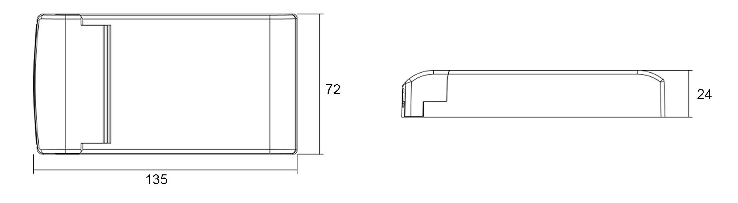 Technický výkres obdĺžnikového objektu s rozmermi 135 x 72 x 24 mm. Pohľad zhora a z boku.