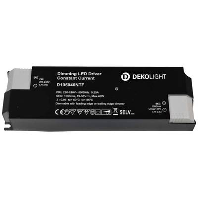 'Stmievateľný LED driver s konštantným prúdom, model D105040NTF, vstup 220-240V, výstup 1050mA, do 40W, vhodný pre stmievače s rezaním nábehovej a dobehovej hrany.'